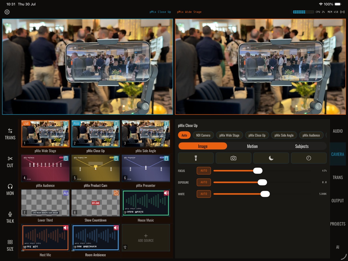 The camera panel in pMix Studio with focus, exposure and white balance sliders for a remote iPhone