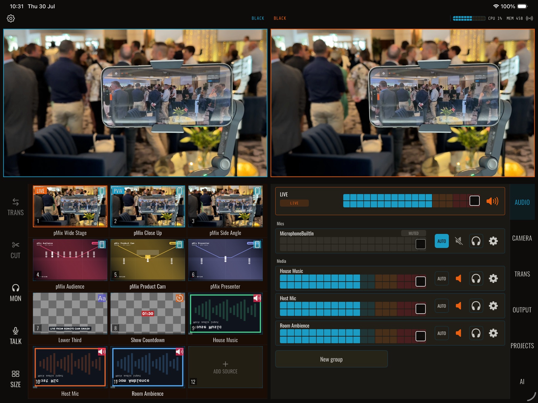 pMix Studio on iPad during a live event: the next shot and the live shot side by side above a grid of iPhone cameras, titles and audio channels