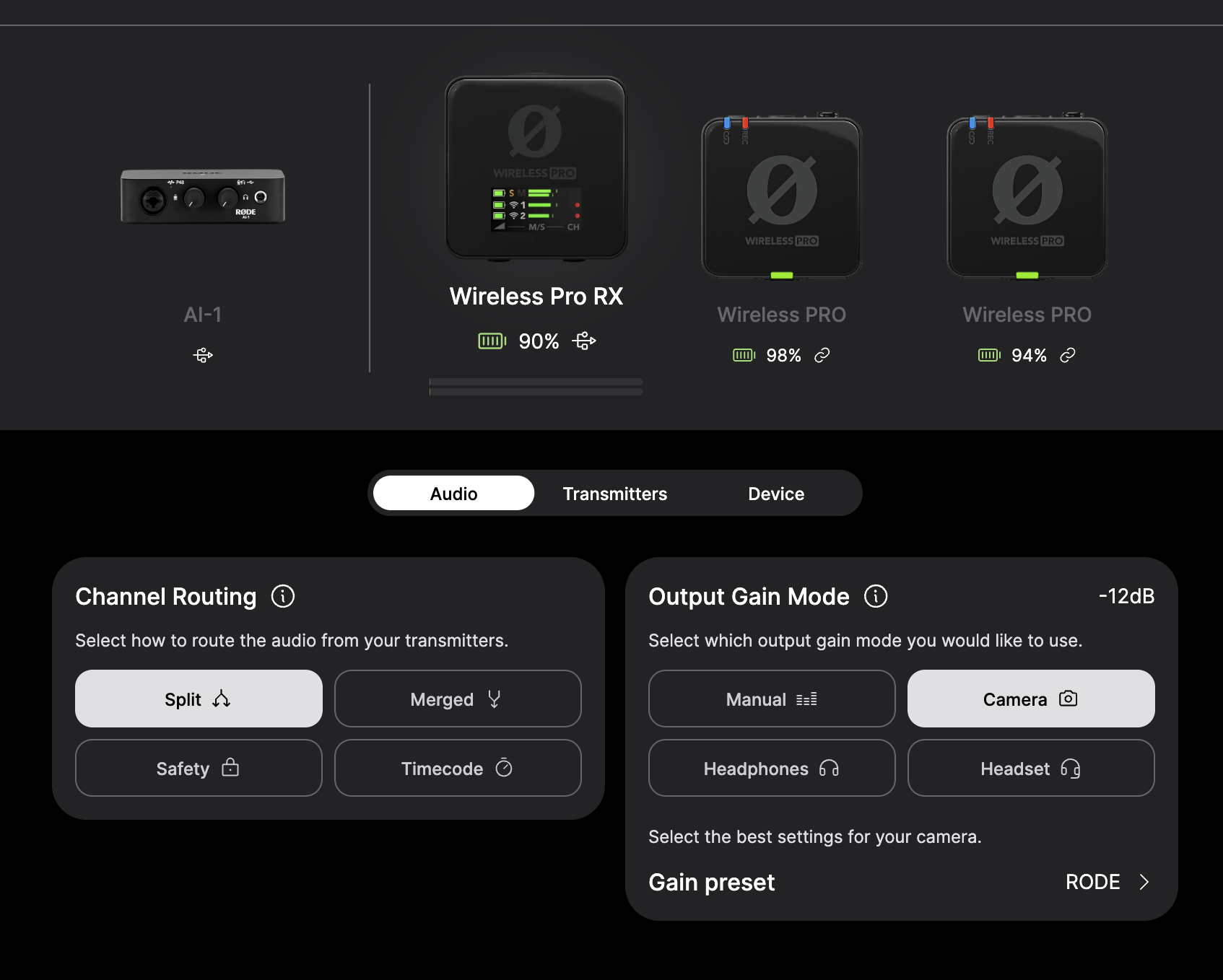 RØDE Wireless Pro channel routing set to Split